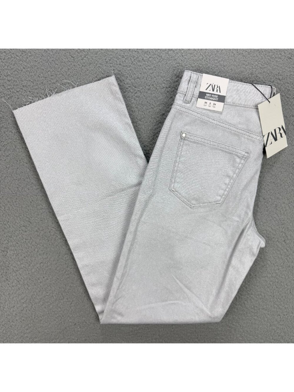 Zara Jeans Womens 2 Pants Silver Grey Mid Rise Straight Leg Raw Hem Denim
